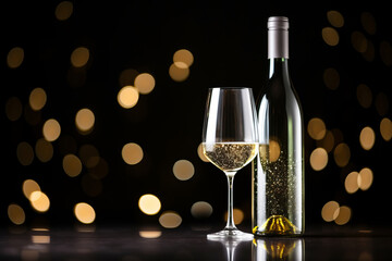 Creative composition of bottle of white wine against blurred background