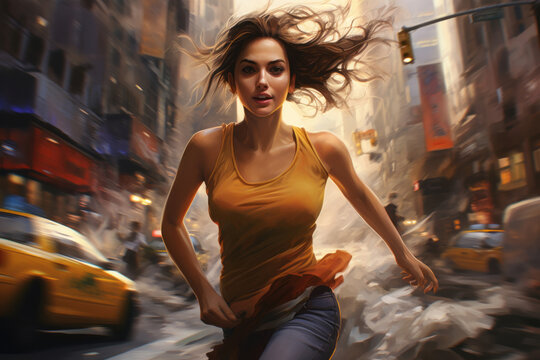 Woman running fast in the city with cars, visual scene