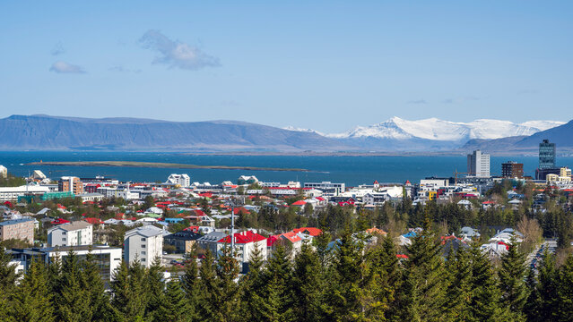 View over colorful houses, roofs and skyscrapers in reykjavik in iceland in summer - icelandic cityscape