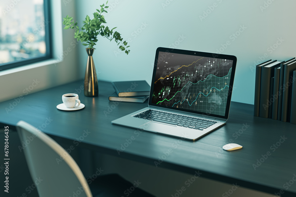 Poster close up of office workplace with laptop computer with glowing candlestick forex chart on screen, co