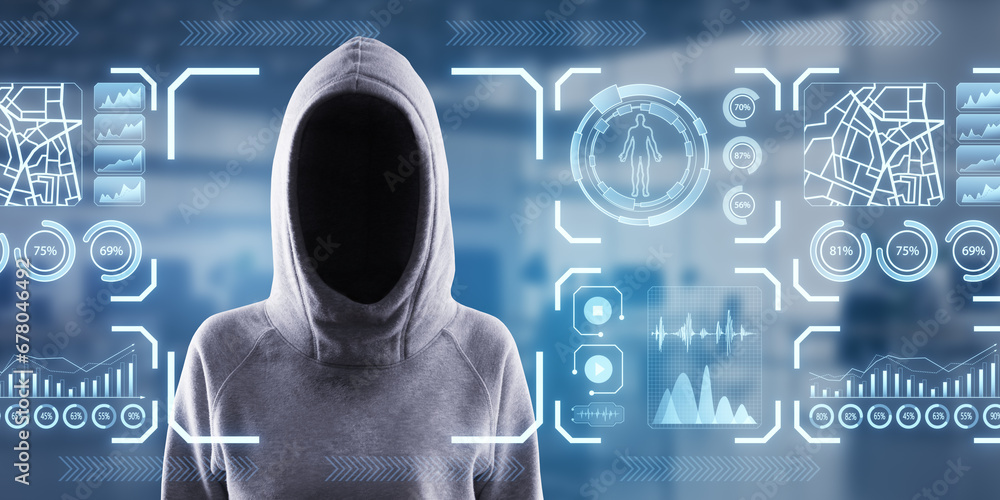 Poster hacker in hoodie with glowing face recognition hologram on blurry office interior background. scanni