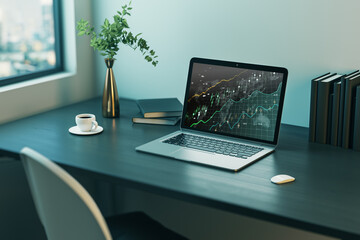 Close up of office workplace with laptop computer with glowing candlestick forex chart on screen, coffee cup and other items. Stock market, trading analysis and investment concept. 3D Rendering.