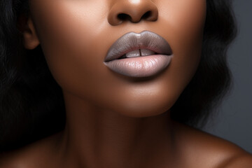 Lip care concept, Unrecognizable black woman touching her beautiful plump lips over gray background, panorama with copy space - obrazy, fototapety, plakaty