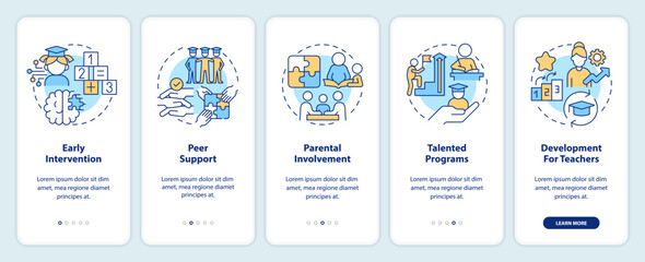 2D icons representing learning theories mobile app screen set. Walkthrough 5 steps multicolor graphic instructions with line icons concept, UI, UX, GUI template.