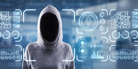 Hacker in hoodie with glowing face recognition hologram on blurry office interior background....