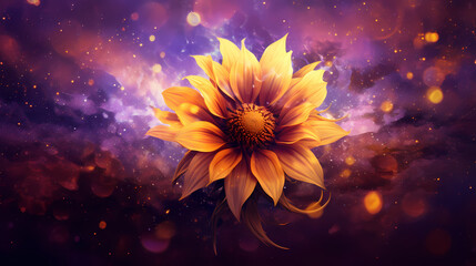 A vibrant, digital art rendering of a sunflower in yellow and orange hues, set against a deep purple, almost celestial background, symbolizing endless energy and the spirit of life