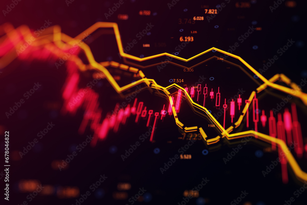 Aufkleber Dynamic stock market chart analysis on a vibrant red background. 3D Rendering