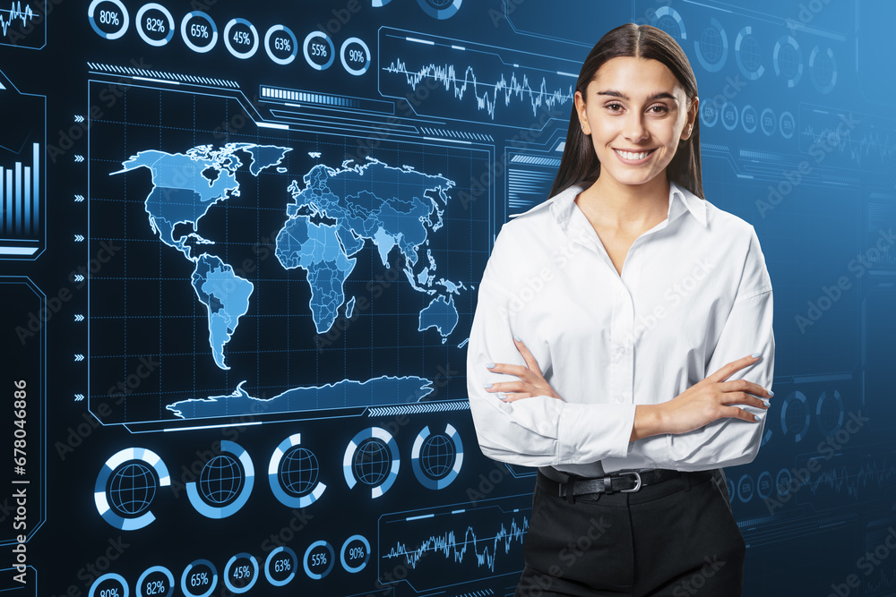 Aufkleber attractive smiling businesswoman with folded arms and glowing digital business charts and map interf