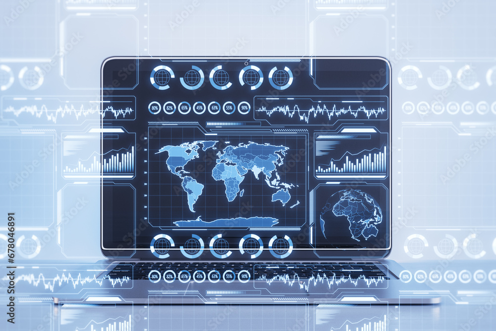 Poster close up of laptop computer with glowing digital business charts and map interface on blurry light b