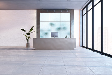 Modern office lobby interior with reception desk, tile flooring and panoramic window with city view. 3D Rendering.