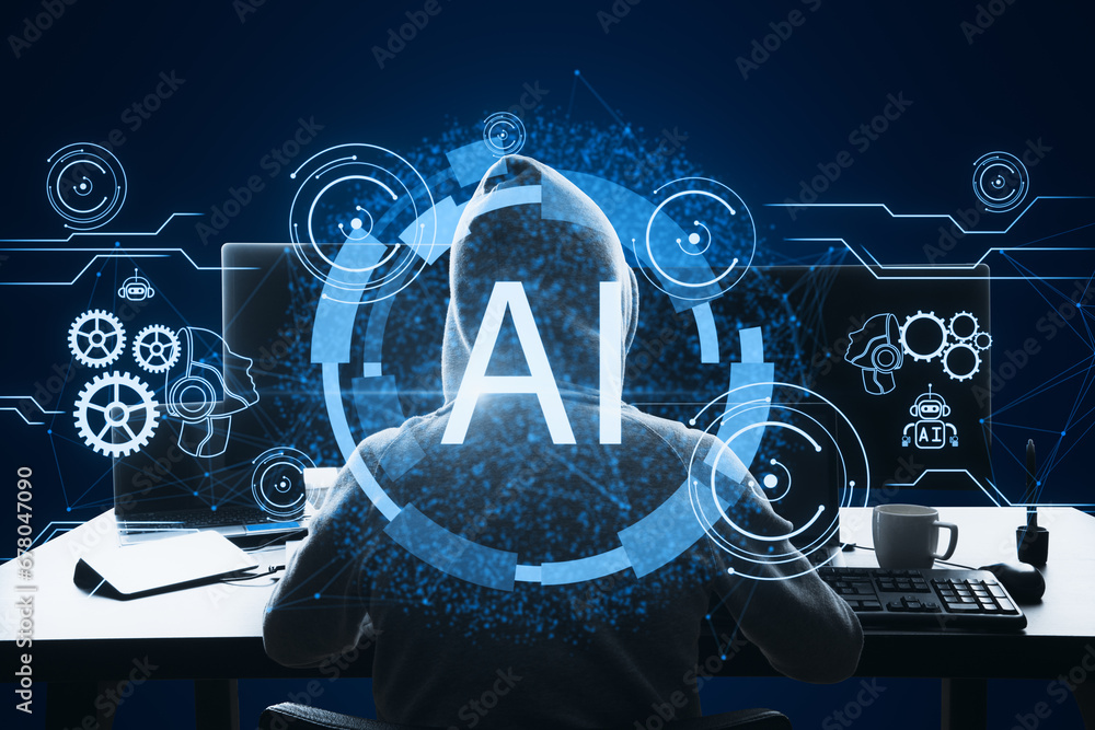 Poster Back view of hacker using computers at desk with glowing AI hologram on blue background. Artificial intelligence, hacking, malware, robotics and chat gpt concept.