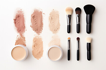 Liquid foundations, makeup brush, swatches and face powder on white background, flat lay, aesthetic look
