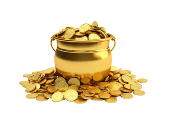 Magical Pot Filled with Glittering Gold Coins Isolated on Transparent Background