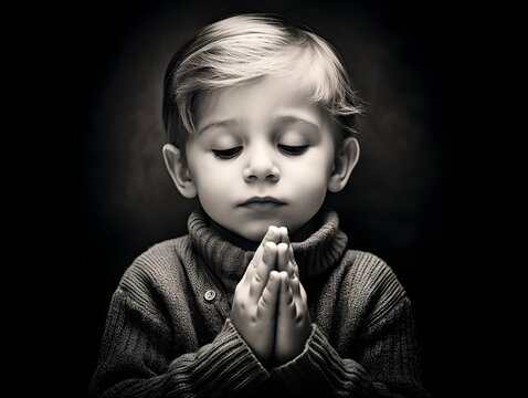 Black and white studio portrait of a young child praying. Generative AI