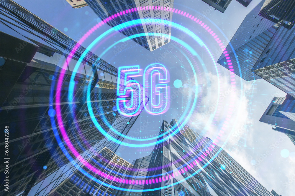 Poster abstract glowing round 5g hologram on blurry city background. telecommunication and internet speed c