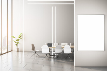 Modern meeting room interior with empty white mock up poster on wall, table and chairs, wooden flooring and panoramic window with city view. 3D Rendering.