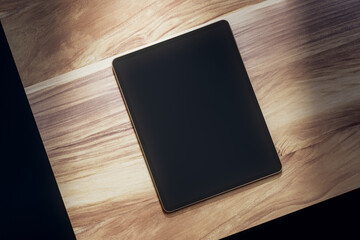 Top view of empty black tablet on wooden table. Mock up, 3D Rendering.