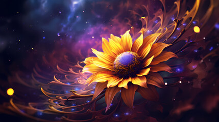 A vibrant, digital art rendering of a sunflower in yellow and orange hues, set against a deep purple, almost celestial background, symbolizing endless energy and the spirit of life - obrazy, fototapety, plakaty