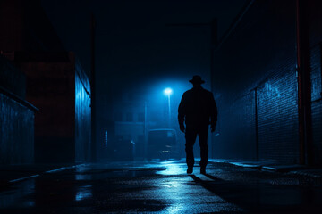 Lone police officer walking in blue night shadow, aesthetic look - obrazy, fototapety, plakaty