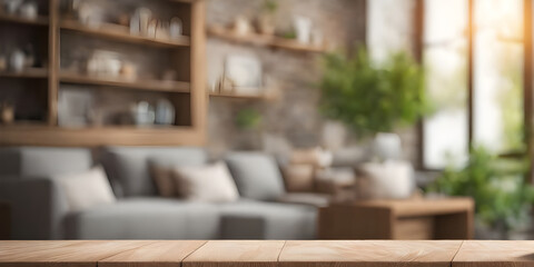 Empty table with abstract blurred background. blur living room. for product display.