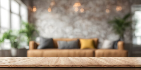 Empty table with abstract blurred background. blur living room. for product display.