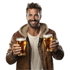 Man Holding Two Beers Isolated on Transparent or White Background, PNG