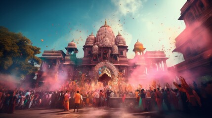 A traditional Holi procession with a lively crowd, musicians, and dancers, all wearing bright and...