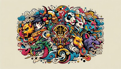 a modern pop art style tattoo featuring the 12 Chinese zodiac animals in a colorful, abstract design with bold lines and pop culture references