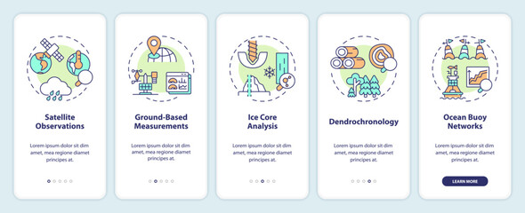 2D icons representing climate metrics mobile app screen set. Walkthrough 5 steps multicolor graphic instructions with line icons concept, UI, UX, GUI template.