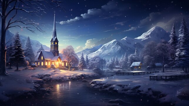 A tranquil Christmas Eve night with a snowy landscape, featuring a starry sky, a quiet forest, and a peaceful, snow-covered church, where a midnight service is about to begin