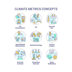 Collection of 2D editable multicolor thin line icons representing climate metrics, isolated vector, linear illustration.