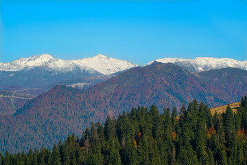 Obraz premium Foggy and snowy mountain landscape. Mountains covered with fog and clouds. Snow-capped hills. Snow-covered forest landscape. Black Sea mountains. Pokut Plateau. Kackar Mountains. Rize, Türkiye.