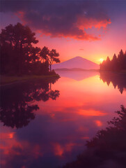 Obraz premium This painting depicts a tranquil lake in the mountains. The lake is calm and still, and the reflection of the trees and mountains creates a sense of peace and tranquility.