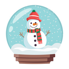 Cartoon Snow globe with Snowman in a red scarf and hat. Vector illustration. Winter seasonal flat vector illustration. Symbol of Christmas and happy New Year