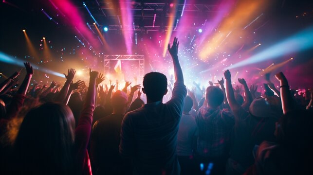 A vibrant DJ event with the crowd dancing to the pulsating beats, hands in the air, and colorful lights creating an electrifying atmosphere