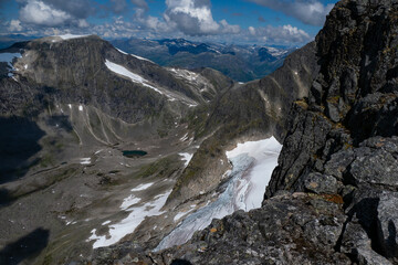 Glaciers at the summit of the Peaks in the mountains of Norway during summer - Jostedalsbreen...