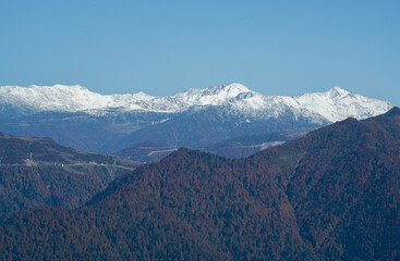 Foggy and snowy mountain landscape. Mountains covered with fog and clouds. Snow-capped hills. Snow-covered forest landscape. Black Sea mountains. Pokut Plateau. Kackar Mountains. Rize, Türkiye.