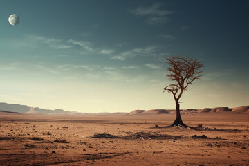 Lonely dty tree in the desert lunar landscape in the dashte lut desert, aesthetic look