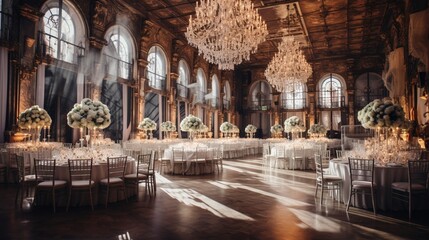 A wedding reception in a beautifully decorated ballroom, with a stunning floral arrangement, a grand wedding cake, and the couple's first dance as a married couple