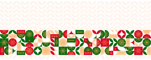Christmas banner with geometric pattern in red and green colors, snowflakes and Christmas trees