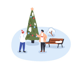 People meeting at outdoor Christmas tree in cold weather. Friends greeting in snow park on winter holidays, Xmas eve, wintertime vacation. Flat graphic vector illustration isolated on white background