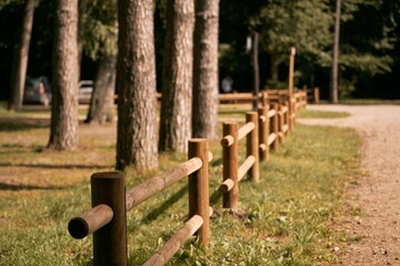 Wooden Fence at the Farm for Cattle and Territory Protection. Rural sunset landscape