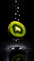 drop rain, Kiwi fruit, black background, minimalist, minimalism, center