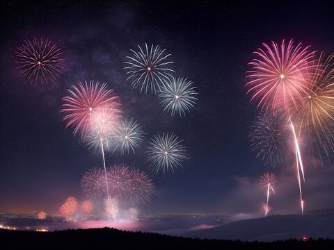 Beautiful New Year, congratulations with firework on night sky background. Ai image generative.