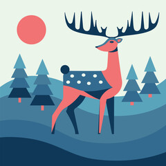 Christmas greeting card with a deer. Xmas postcard, card with greetings for winter holidays.  Vector illustration in flat style