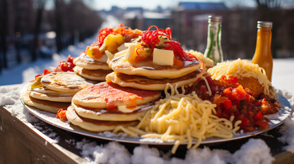 Russian pancake blini topped with various condiments