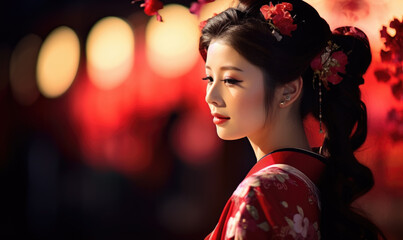 Graceful Japanese Lady in Red Kimono Adorned with Flowers at Obon Festival - obrazy, fototapety, plakaty