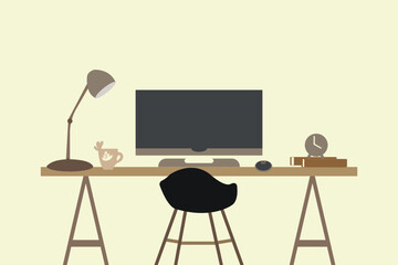Working from home concept. Computer table with full setup background. Vector illustration.
