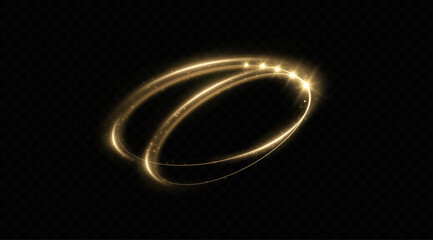 Abstract sparkling golden frame light effect on transparent background. Spark with ring glossy line	