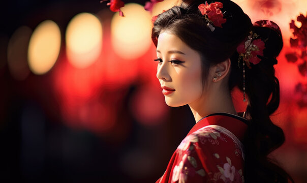 Graceful Japanese Lady in Red Kimono Adorned with Flowers at Obon Festival